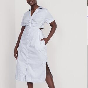 Old Navy Shirt Dress XL Blue White Striped Cutout Coastal Preppy Nautical